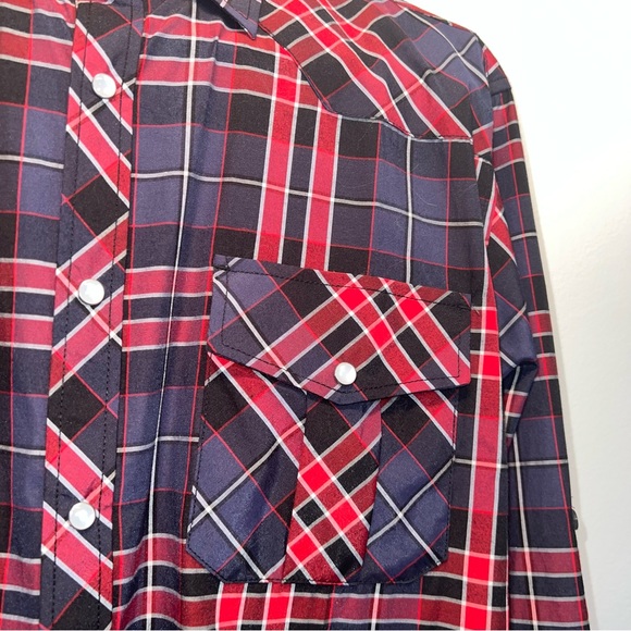 Western Pearl Snap Shirt Coevals Club Size M Red Blue Plaid Long Sleeve Shirt - Picture 2 of 7
